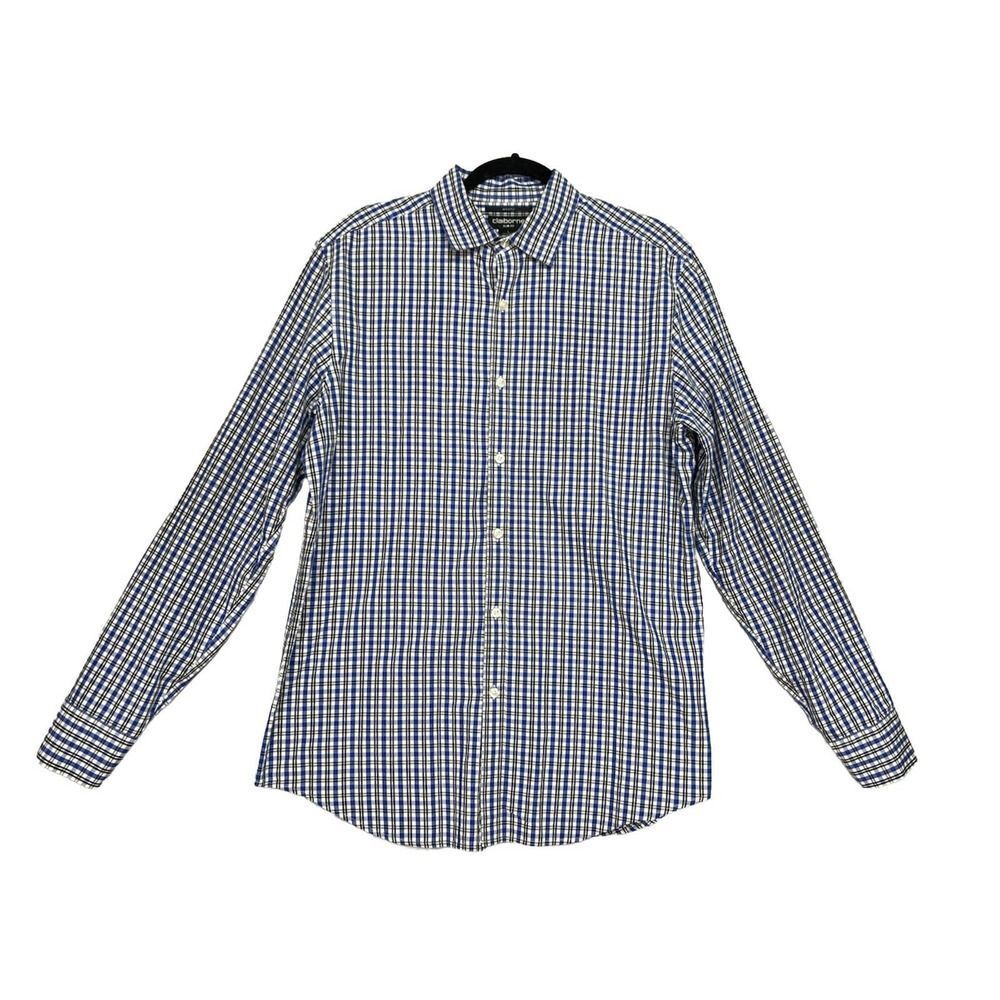 Mens Claiborne Blue And White, Slim Fit Plaid Cotton Shirt Size L